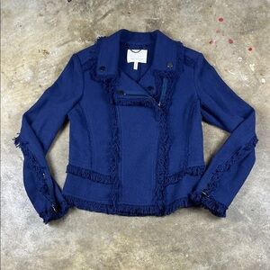 Rebecca Taylor Tweed Navy Blue Fringe Moto Jacket
Size: 6
